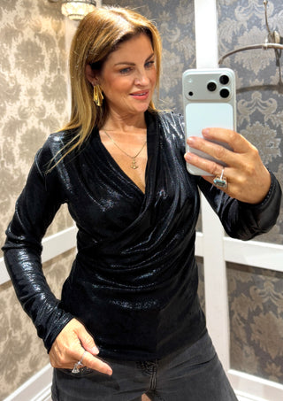 Kourtney - Wet Look V Neck Wrap Top - Black