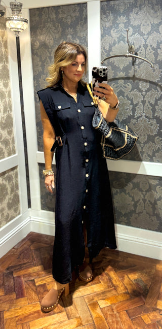 Portrait Button Front Dress - Black