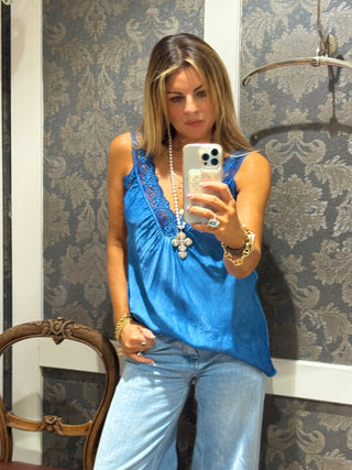 Satin Cami with lace neckline - royal blue-www.neola.ie