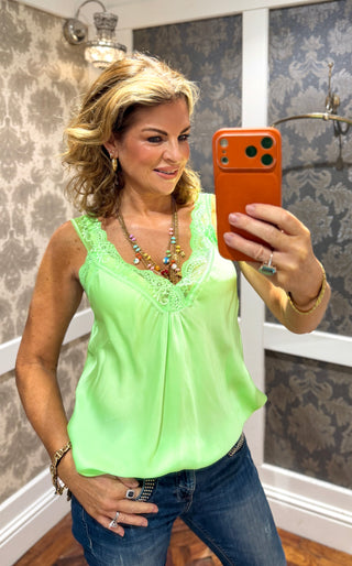 Satin Cami with lace neckline - Fluoro Green