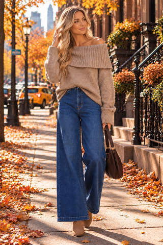 Sarah Knit Cowl Neck, Off shoulder -Beige
