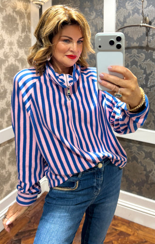 The Portobello Stripe Top Pink Blue Half zip