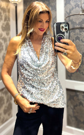 Michelle Sequin Cowl Neckline - Silver