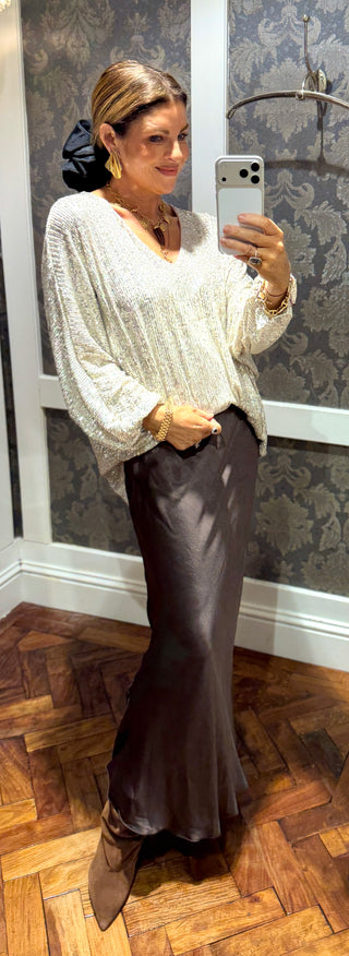 Meg-Chocolate Brown - Satin Skirt