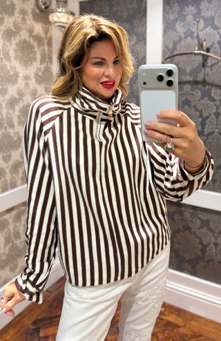 The Portobello Stripe Top Brown White Half zip