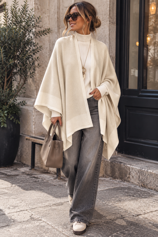 Sienna Contrast Trim Poncho - Cream