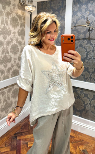 Trixie Linen T Shirt Sequin Star -  Beige