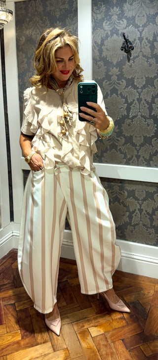 Willa Barrel Pinstripe Trouser -Beige /White