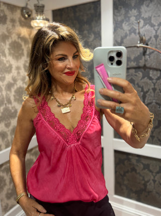 Satin Cami with lace neckline -  Red
