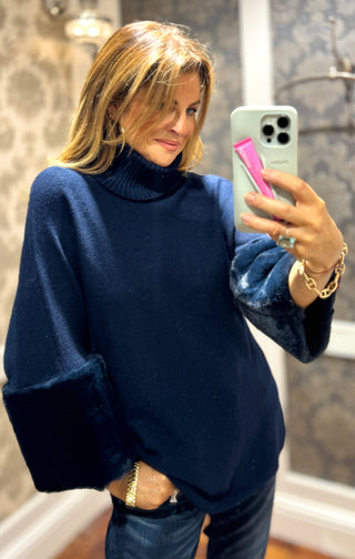 Tina Soft Knit with Fur Cuff - Navy