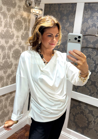 Grace Ruched Cowl Long Sleeve Top - White