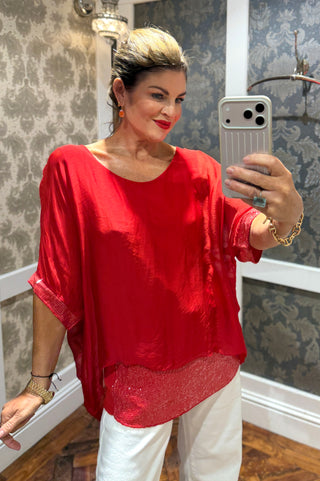 Ryder Silk Sequence Top- Red