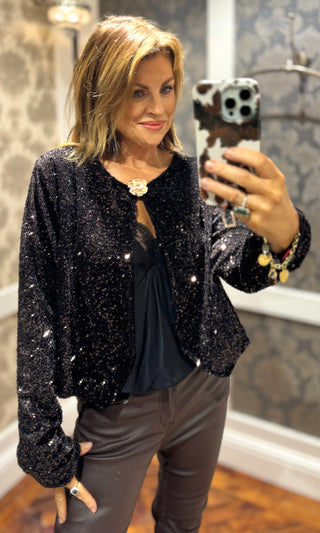 Lyra Velvet Sequin Cardigan - Chocolate Brown 