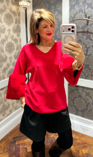 Joy- Red- V-neck Jumper/ Fur Sleeves