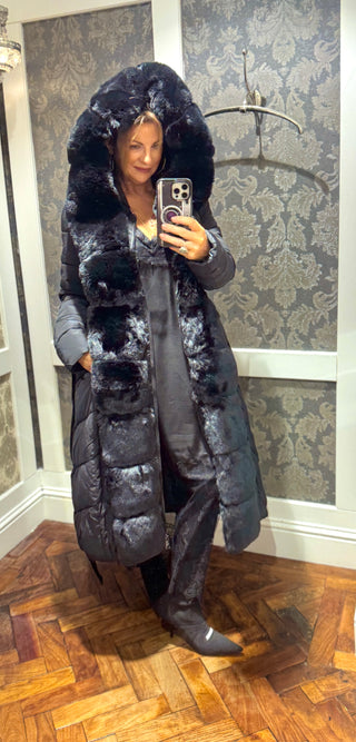 Ciara Black Fur Puffer Long Coat
