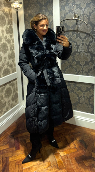 Ciara Black Fur Puffer Long Coat