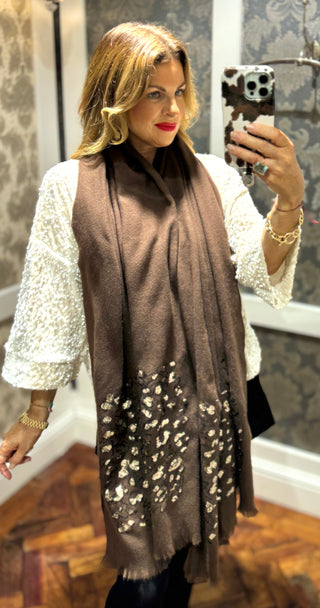Leop Sequence Print Scarf- Brown- Super Soft