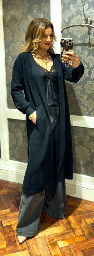 Laura Self Herringbone Cardigan with Pockets - Black
