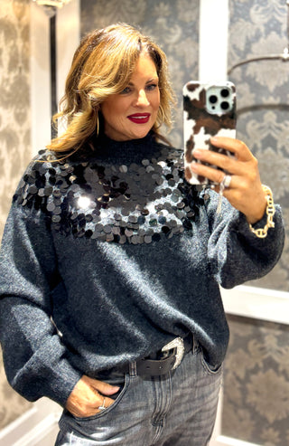 Sasha Sequin Front Grey Sweater - Charcoal
