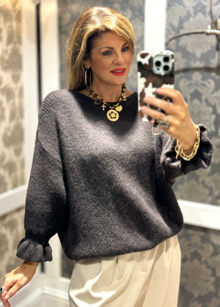 Daisy Ruffle Cuff Knit -Chocolate Brown