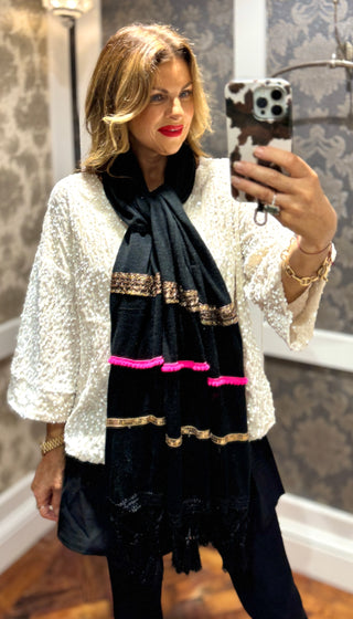 Pom Pom Black Scarf- Pink Details-Super Soft