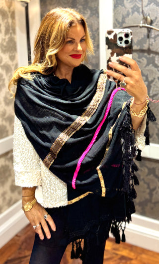 Pom Pom Black Scarf- Pink Details-Super Soft