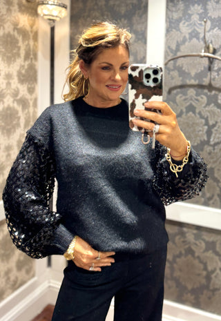 Maddie Sequin Sleeved Knit - Black