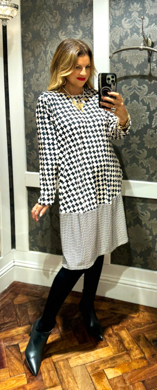 Lally Houndstooth Pattern- Dress- Black and White