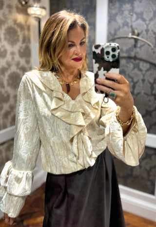Monaca Ruffle Velvet Blouse- Cream