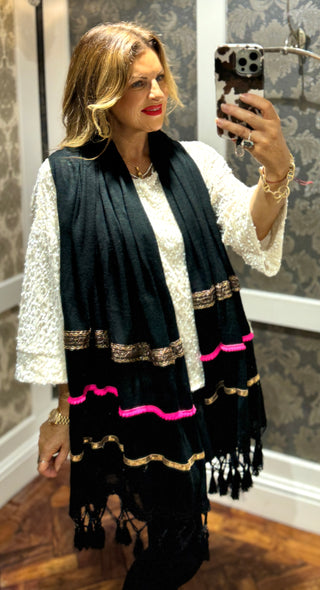 Pom Pom Black Scarf- Pink Details-Super Soft
