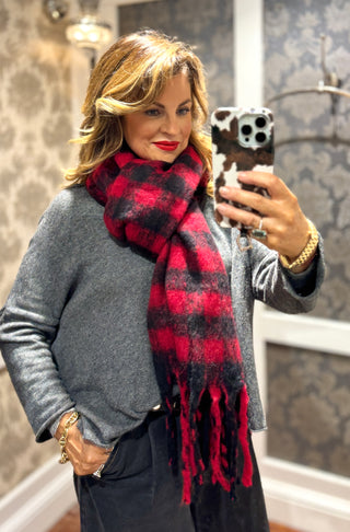 Gingham Pattern Scarf - Red/Black