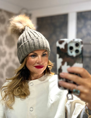 Cable Knit Bobble Hat - Mink