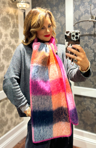 Pattern Wooly Scarf - Navy/Pink/Orange