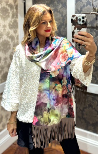 Floral- Satin Scarf - Faux Leather Fringing