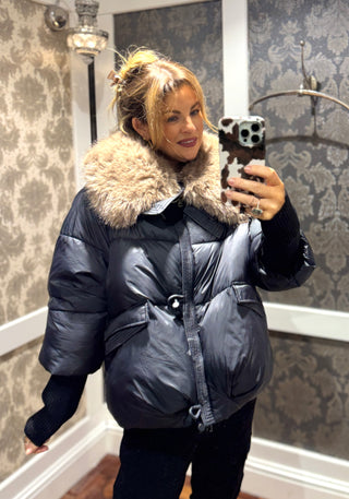 Kimberly Black Puff Fur Collar Coat
