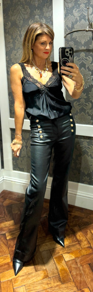 Angelica Bootcut Faux Leather Trouser - Black/Gold Button