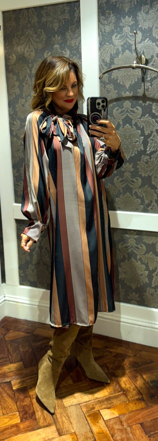 Stephanie Striped Bow Tie Dress - Brown Mix