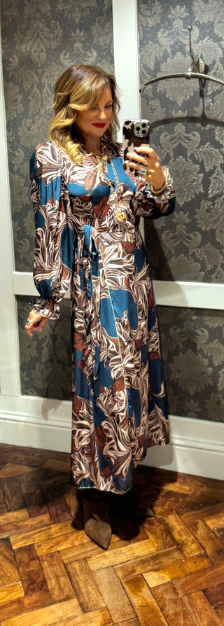 Lea - Floral Wrap Dress -Teal/Choco
