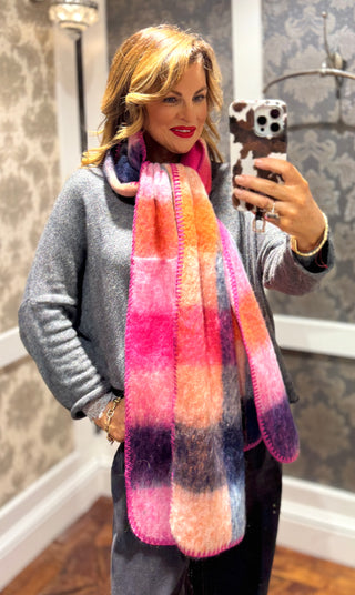 Pattern Wooly Scarf - Navy/Pink/Orange