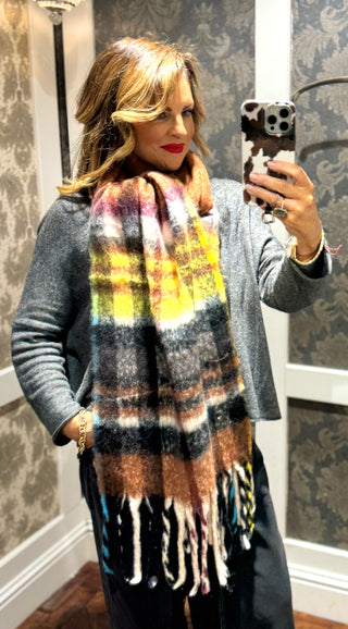 Checked Pattern Scarf - Brown/Yellow/Blue