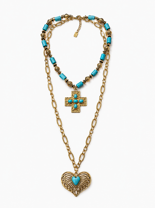 Necklace Cross Heart Multi  Layer Chain - Turq