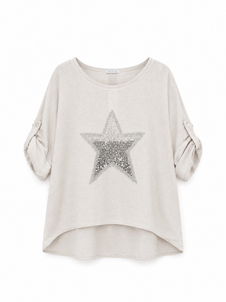 Trixie Linen T Shirt Sequin Star -  Beige