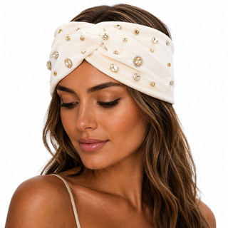 Gemstone Velvet Headband - Beige