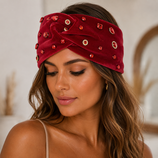 Gemstone Velvet Headband -Burgundy