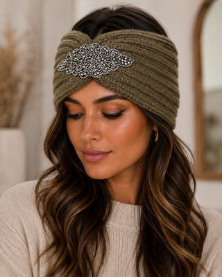 Diamanté Headband -khaki -Sliver