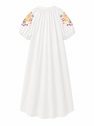 Elodie Floral Cotton Embroidery Sleeve Dress - White