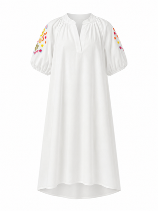 Elodie Floral Cotton Embroidery Sleeve Dress - White