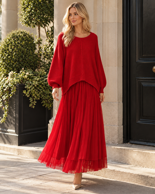 Elaria Layered Knit Maxi Dress - red