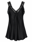 Satin Cami with lace neckline - black