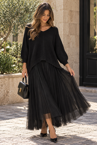 Elaria Layered Knit Maxi Dress - Black